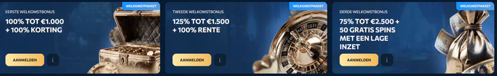 Welkomstbonussen bij Revery Play Casino met aanbiedingen van 100% tot €1.000, 125% tot €1.500 en 75% tot €2.500 plus 50 gratis spins